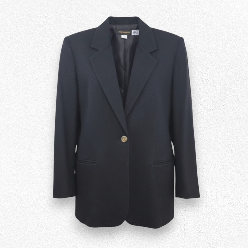 Vintage 90s Requirements Black Wool Blazer Crest Button Jacket Size 14 USA Made